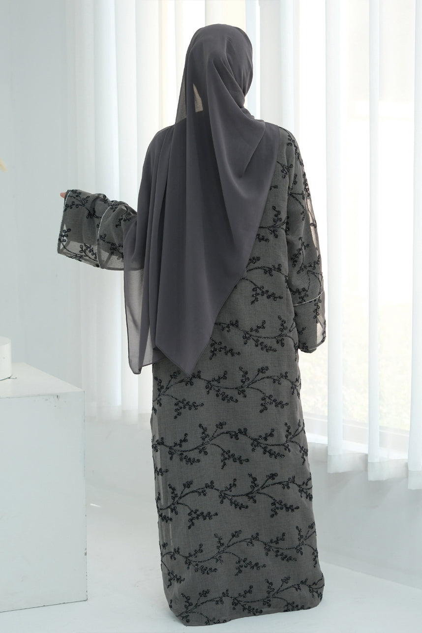 Meadowe Full Embroidered Mesh Open Abaya 1075 – Grey