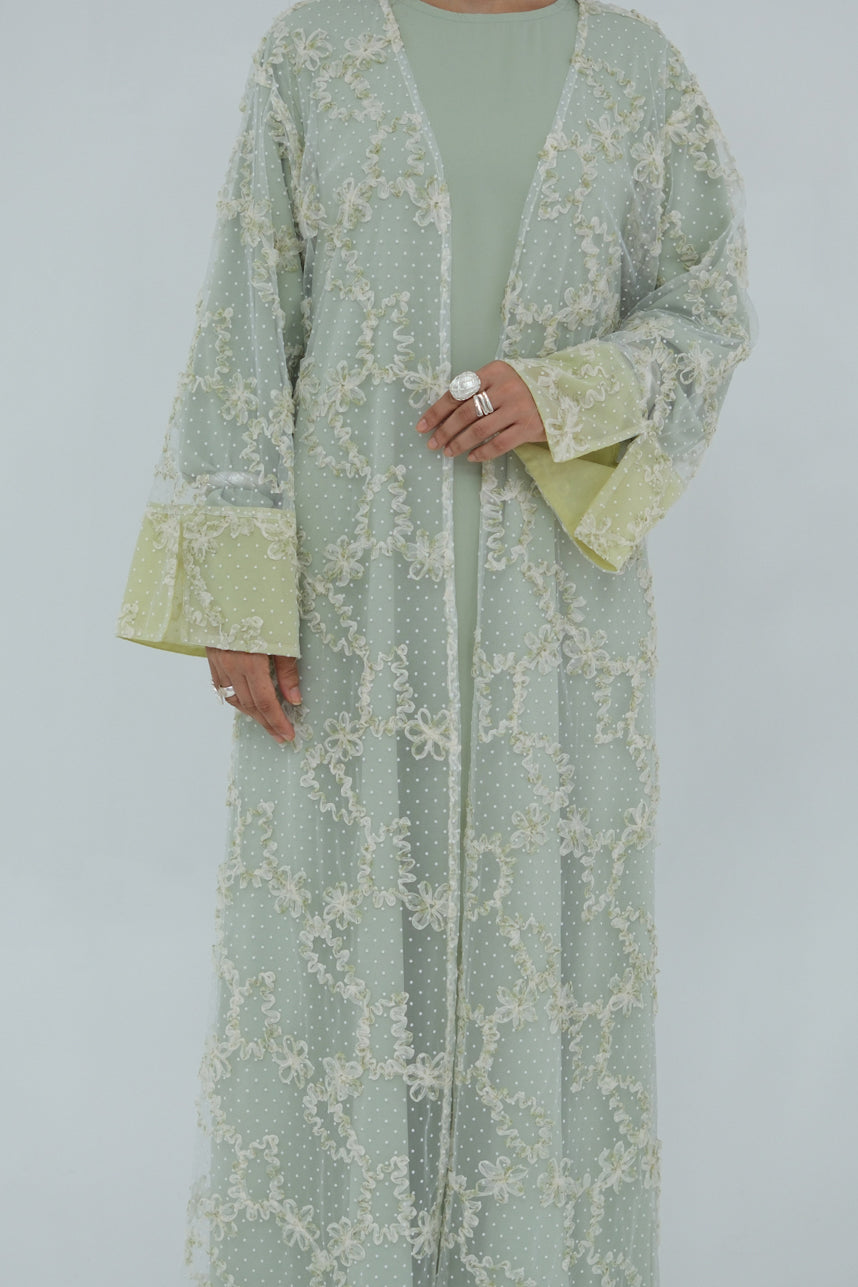 Vionne 3D Floral Mesh Open Abaya 1074 – Green
