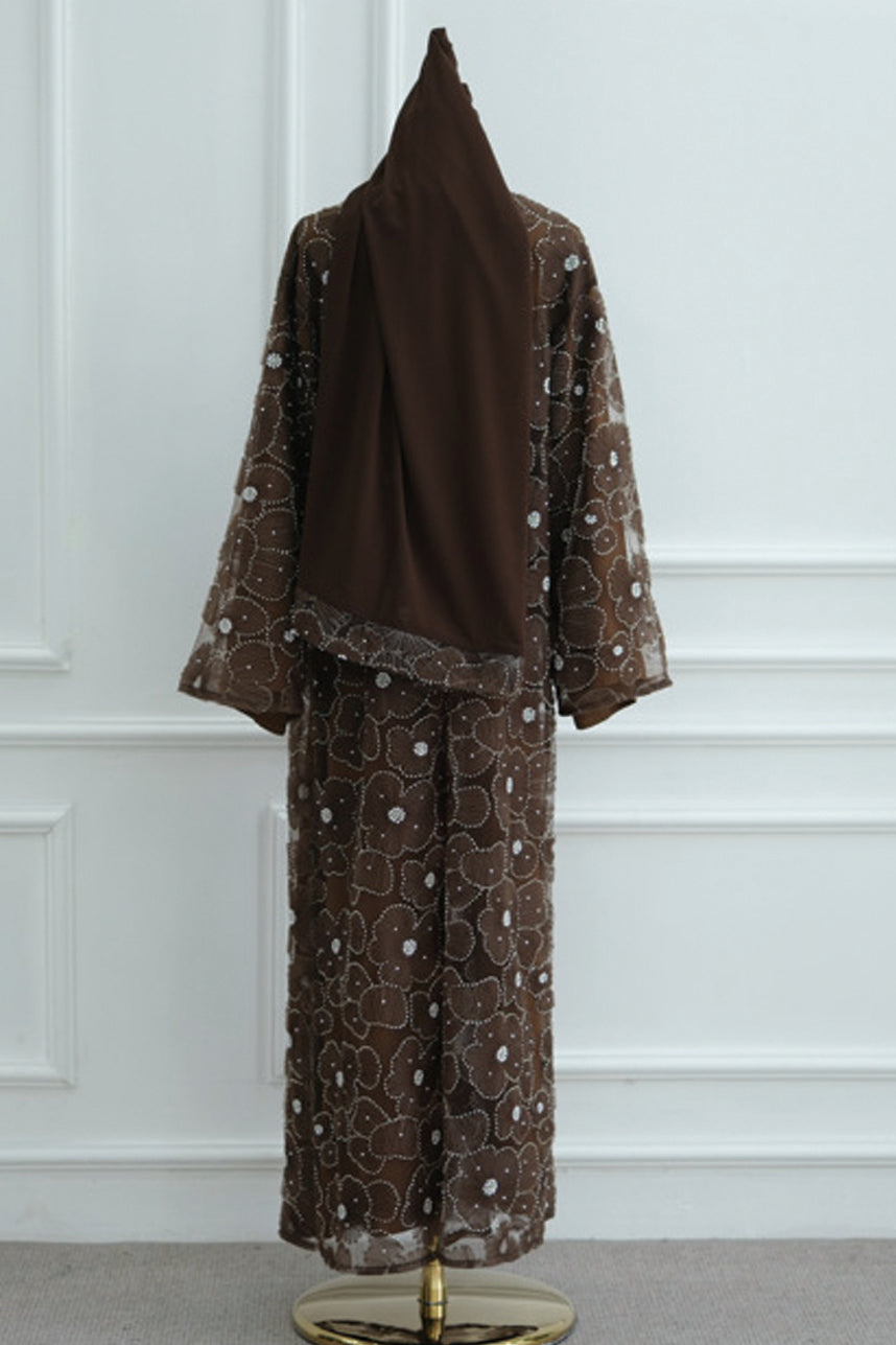 Auralis 3D Floral Beaded Mesh Open Abaya 1069 – Coffee
