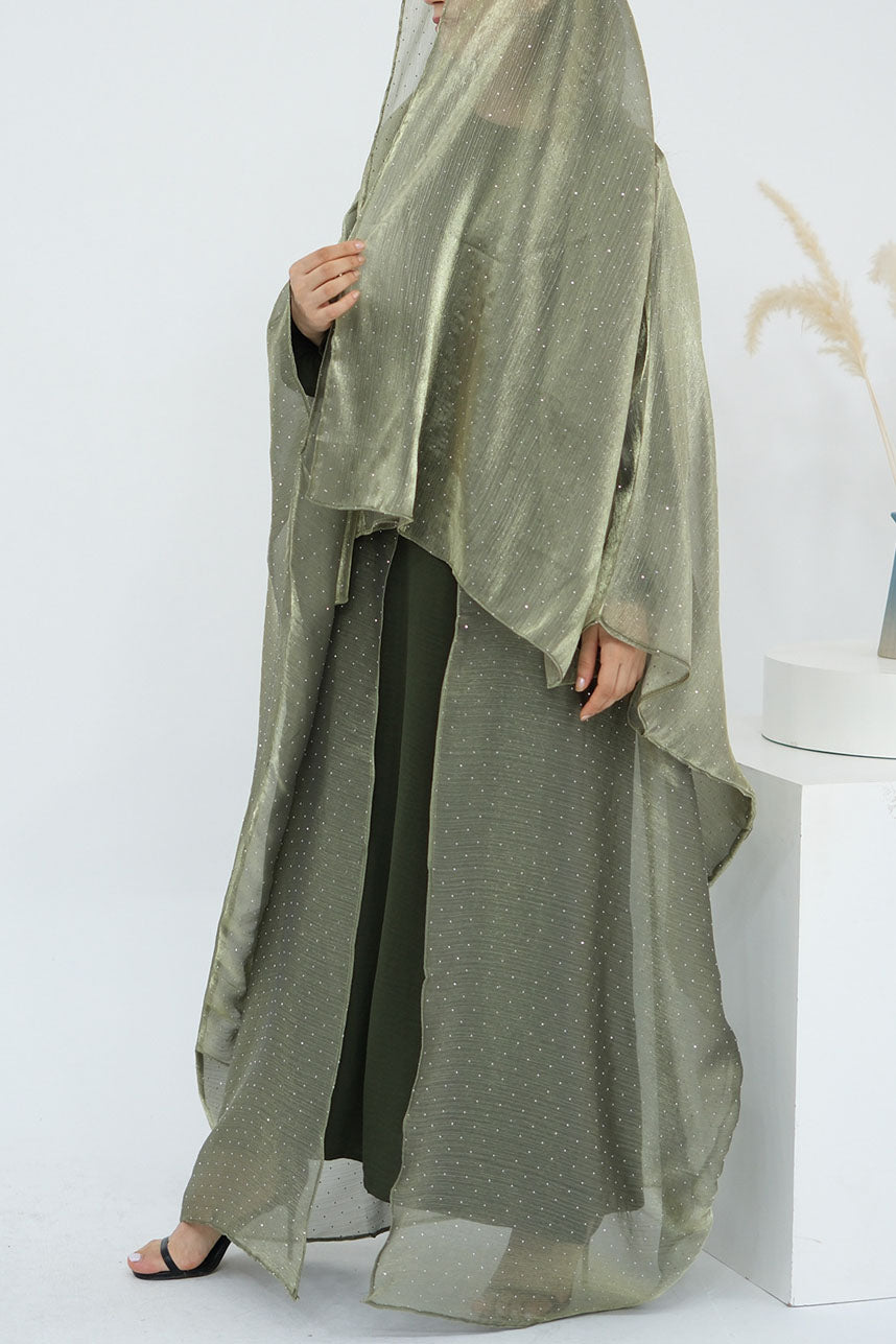 Luminous Sparkle-Drape Elegant Open Abaya 1026 – Army Green
