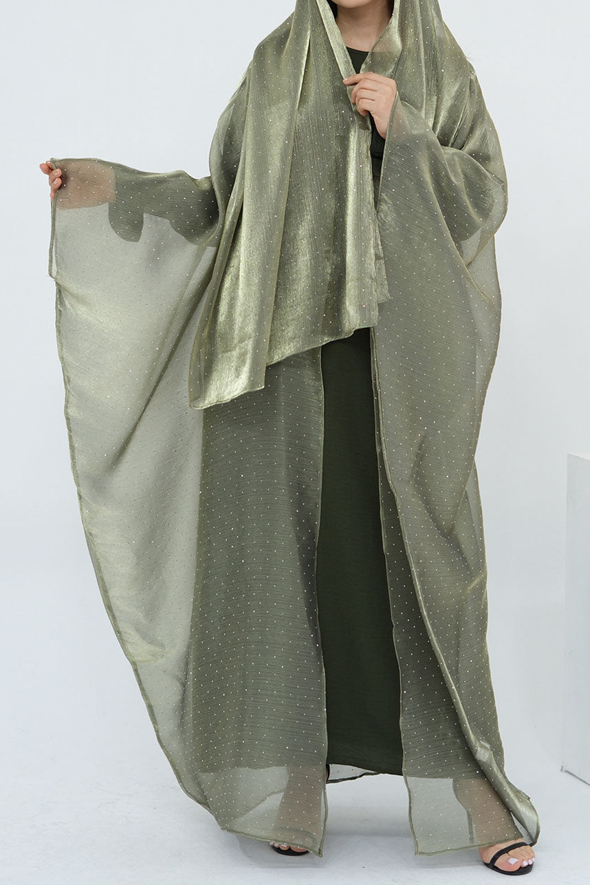 Luminous Sparkle-Drape Elegant Open Abaya 1026 – Army Green