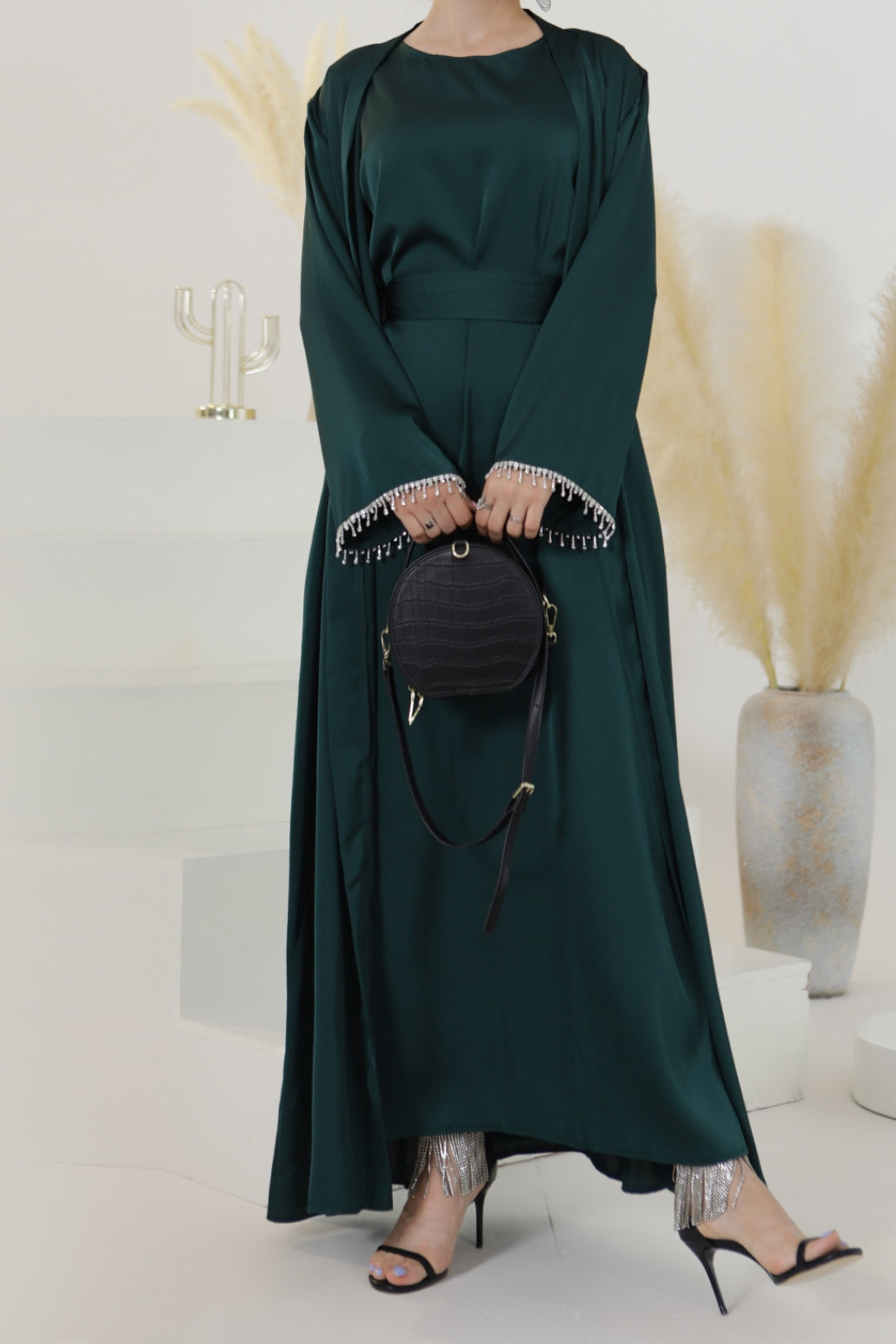 Luna 2PCS Crystal Beads Sleeves Satin Abaya Set with Crystal Chain - Dark Green - Meliza