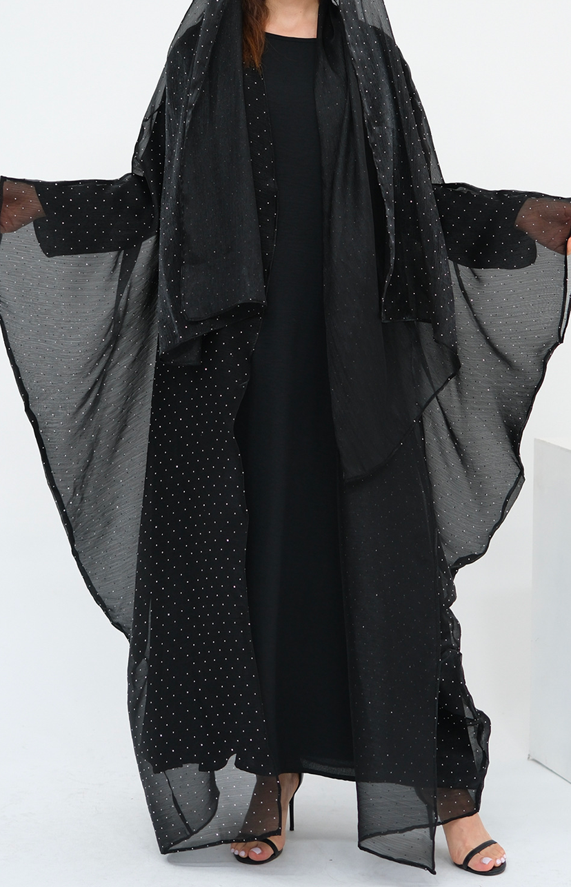 Luminous Sparkle-Drape Elegant Open Abaya 1026 – Black