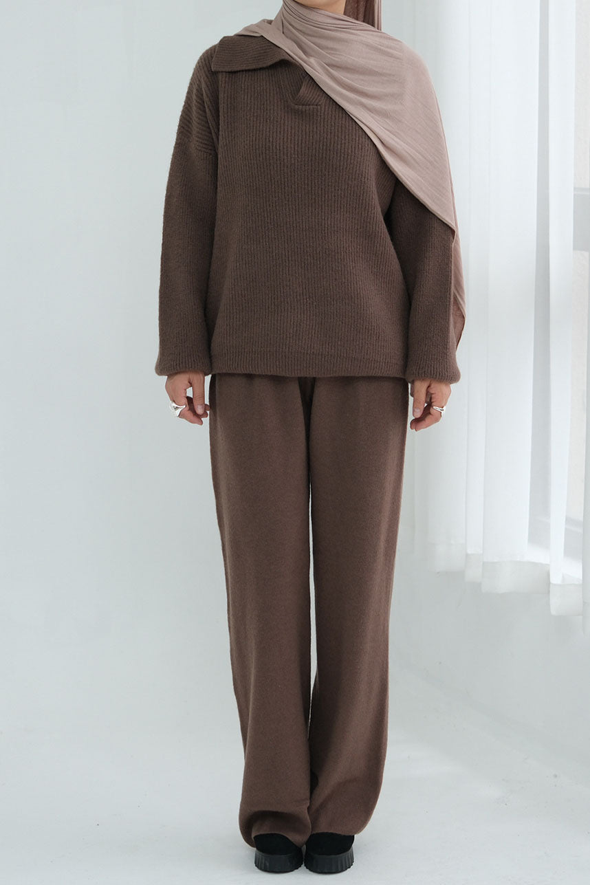 Monara Collared Thick-Knit Two-Piece Modest Set 008 – Coffee
