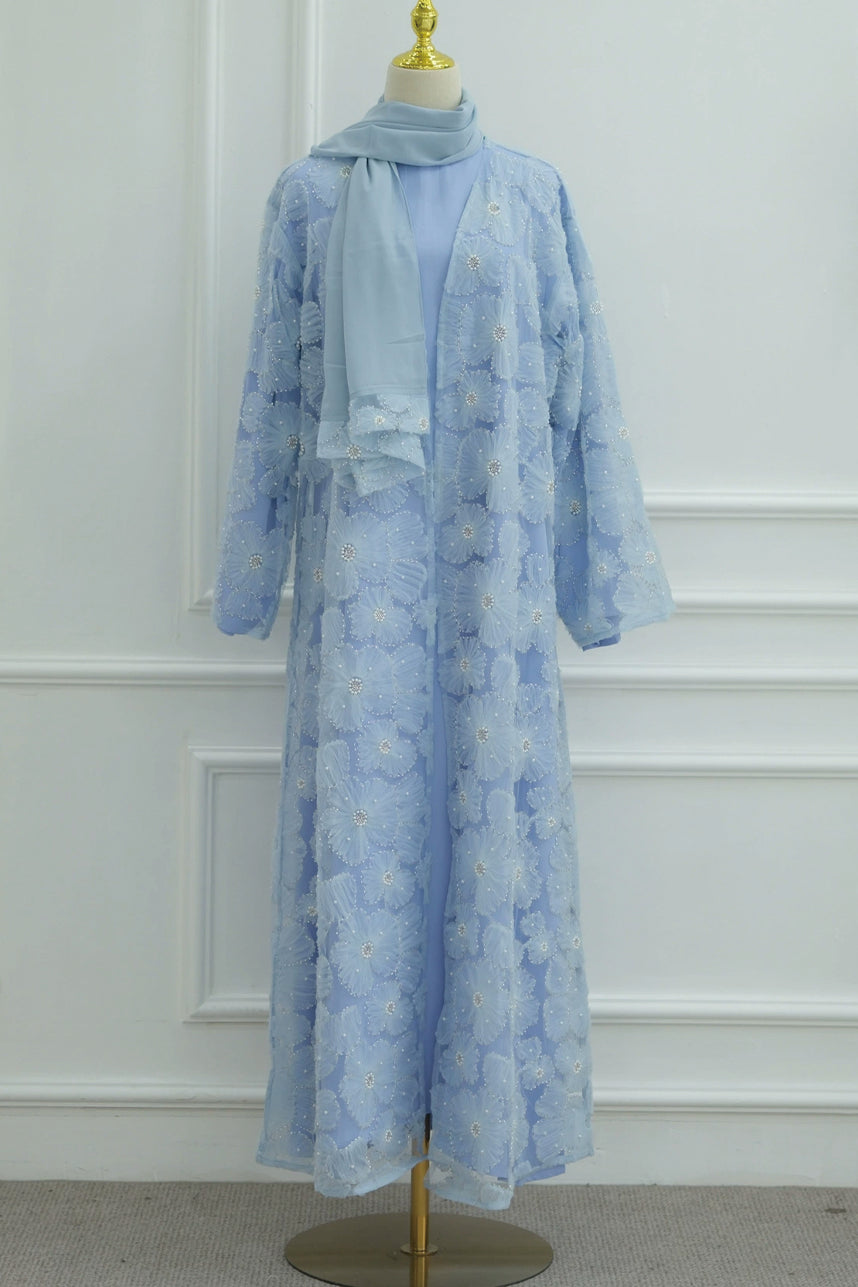 Auralis 3D Floral Beaded Mesh Open Abaya 1069 – Blue