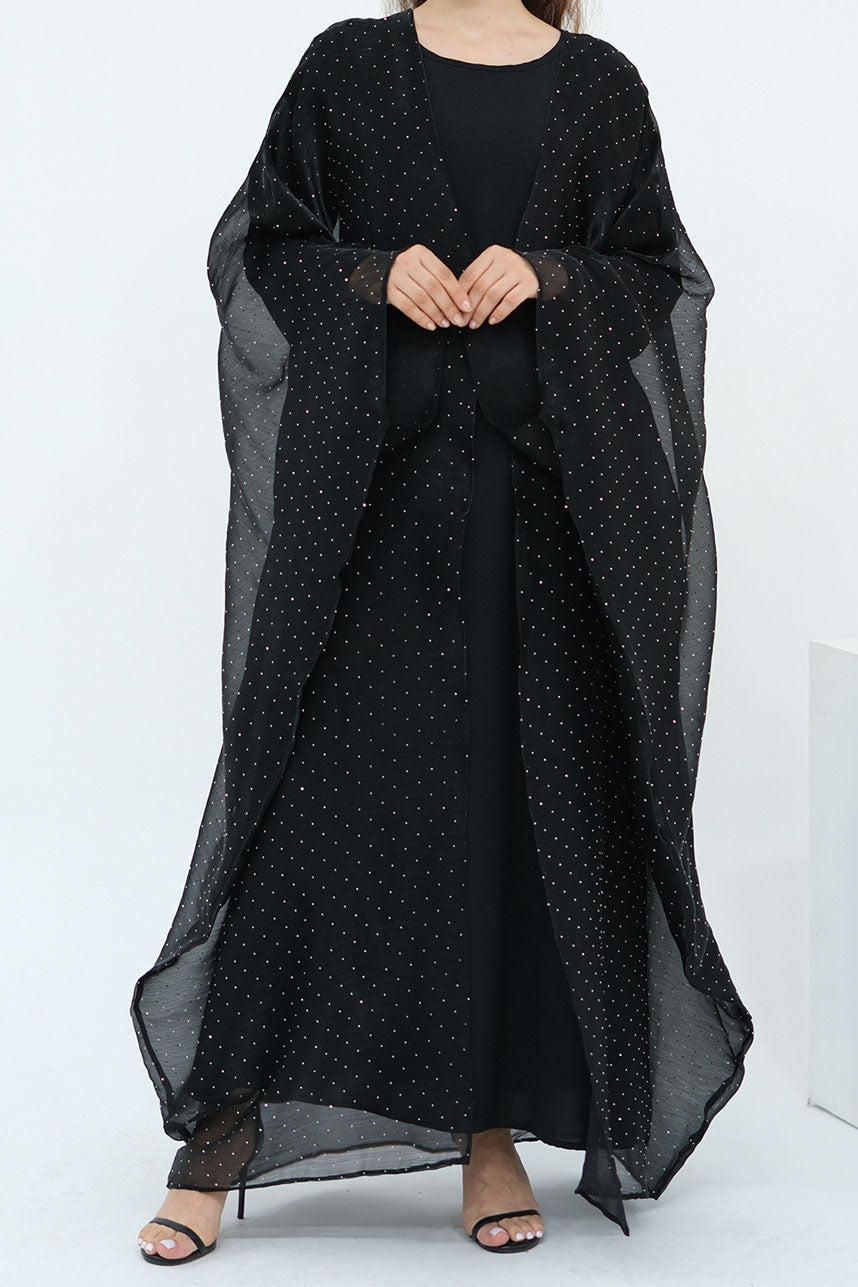 Luminous Sparkle-Drape Elegant Open Abaya 1026 – Black