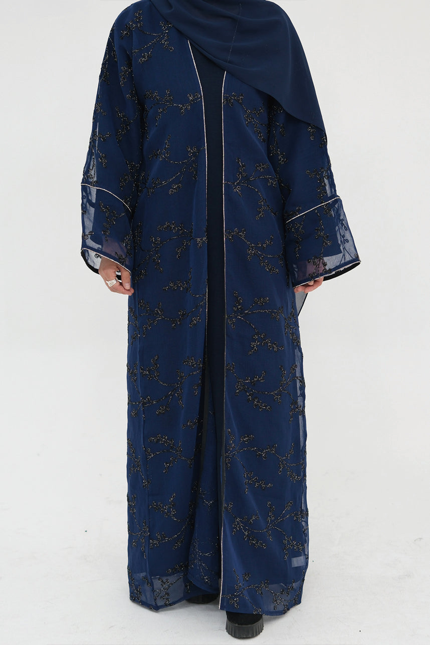 Meadowe Full Embroidered Mesh Open Abaya 1075 – Blue