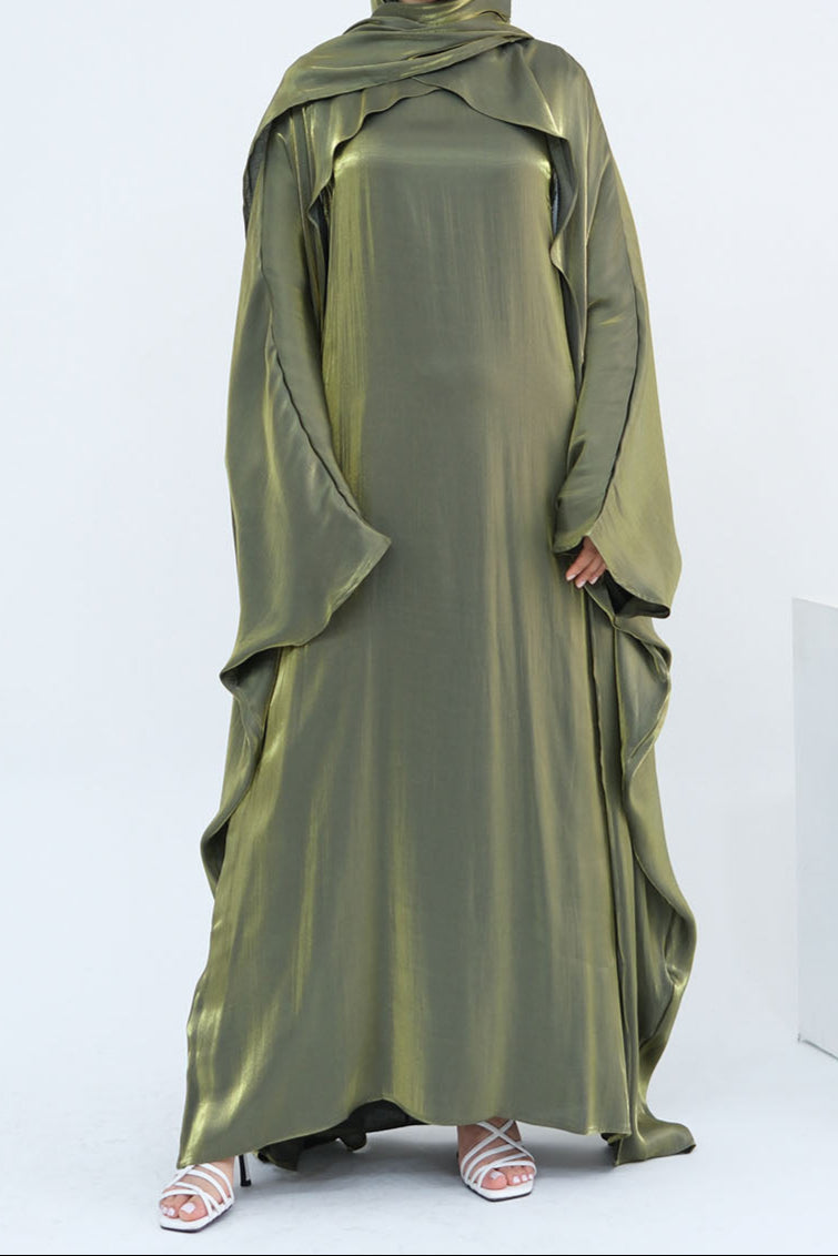 Solenne Pearl-Sheen Elegant Two-Piece Abaya 1028 – Olive Green