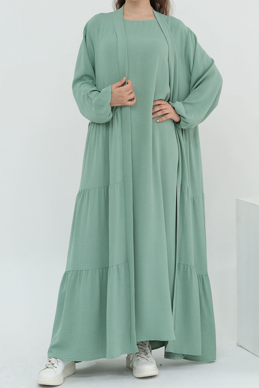 Edenveil Open Abaya & Sleeveless Dress Set 1018 – Seafoam Green