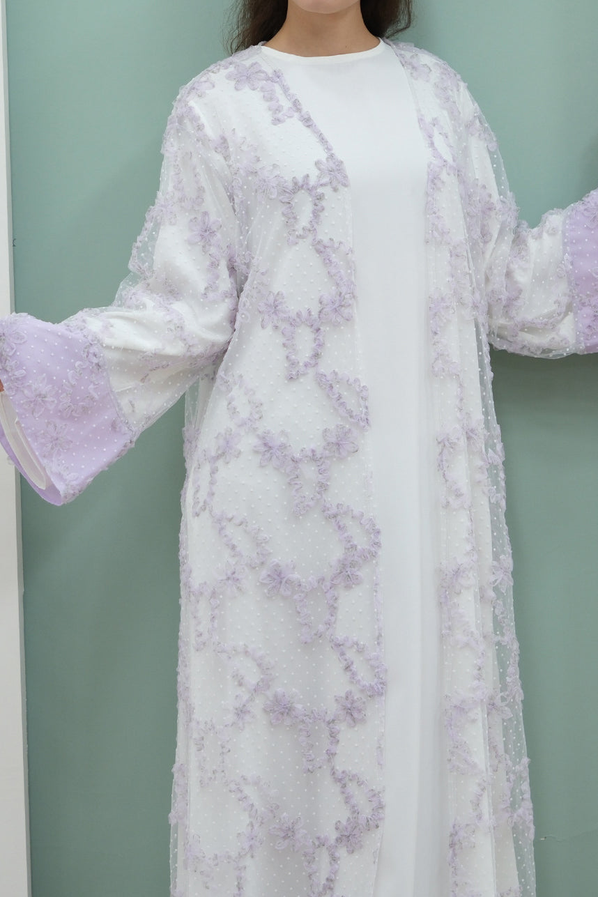 Vionne 3D Floral Mesh Open Abaya 1074 – Purple