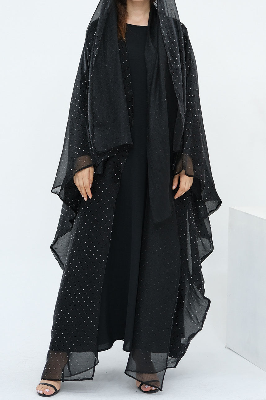 Luminous Sparkle-Drape Elegant Open Abaya 1026 – Black