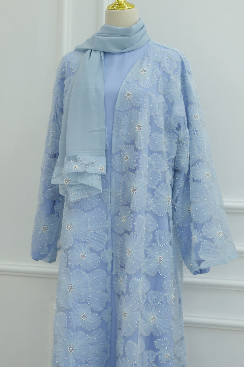 Auralis 3D Floral Beaded Mesh Open Abaya 1069 – Blue