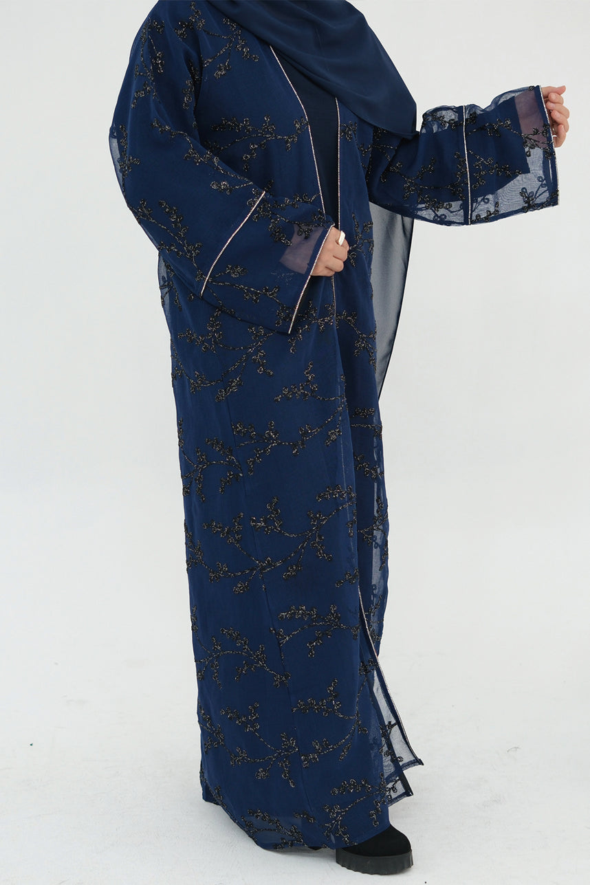 Meadowe Full Embroidered Mesh Open Abaya 1075 – Blue