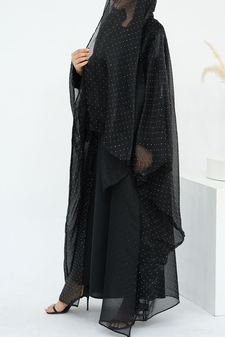 Luminous Sparkle-Drape Elegant Open Abaya 1026 – Black