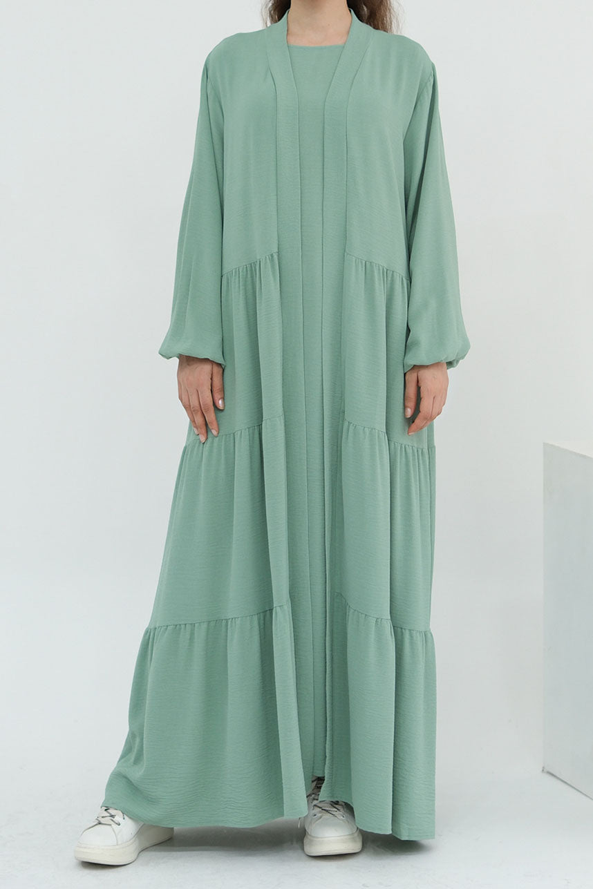 Edenveil Open Abaya & Sleeveless Dress Set 1018 – Seafoam Green