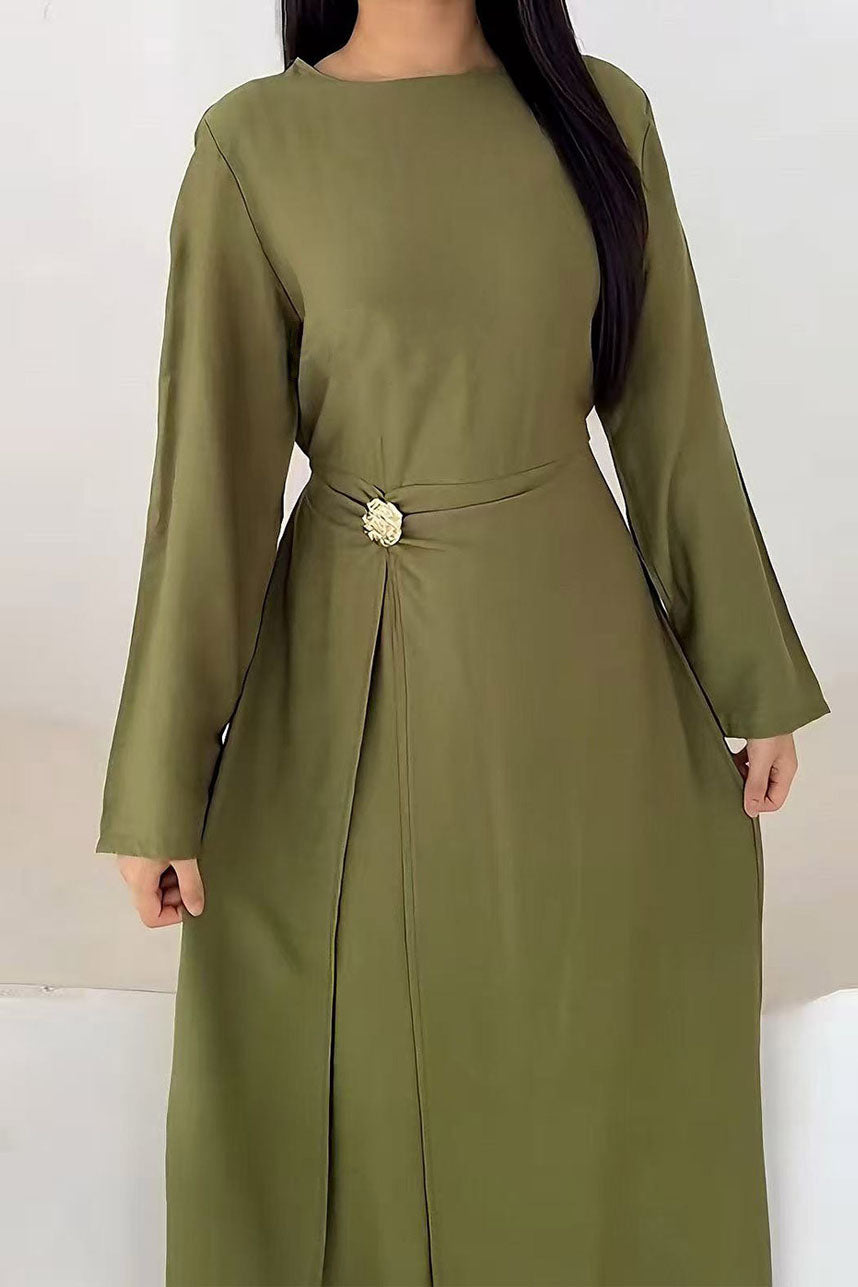Velora Elegant Ruched Maxi Dress Abaya 1077 – Dark Green