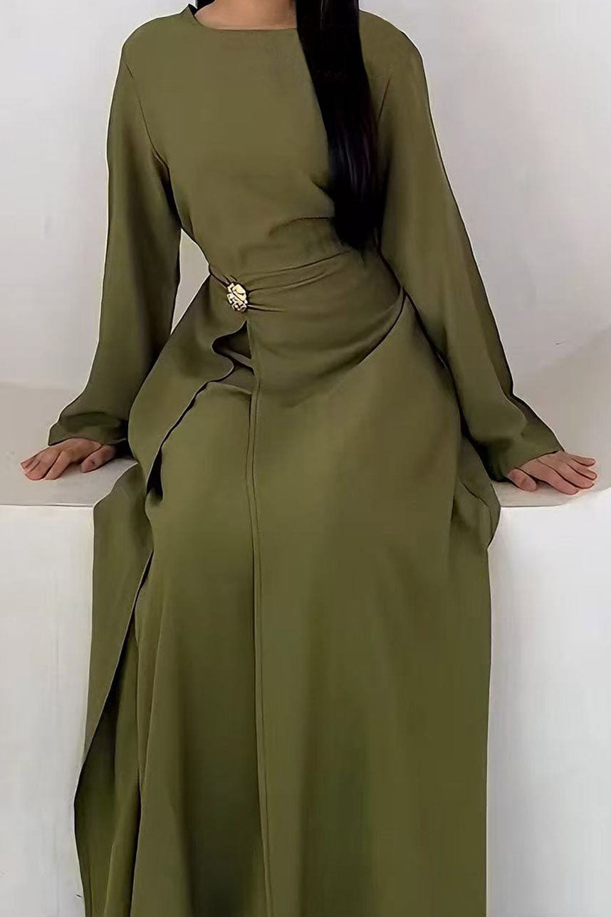 Velora Elegant Ruched Maxi Dress Abaya 1077 – Dark Green