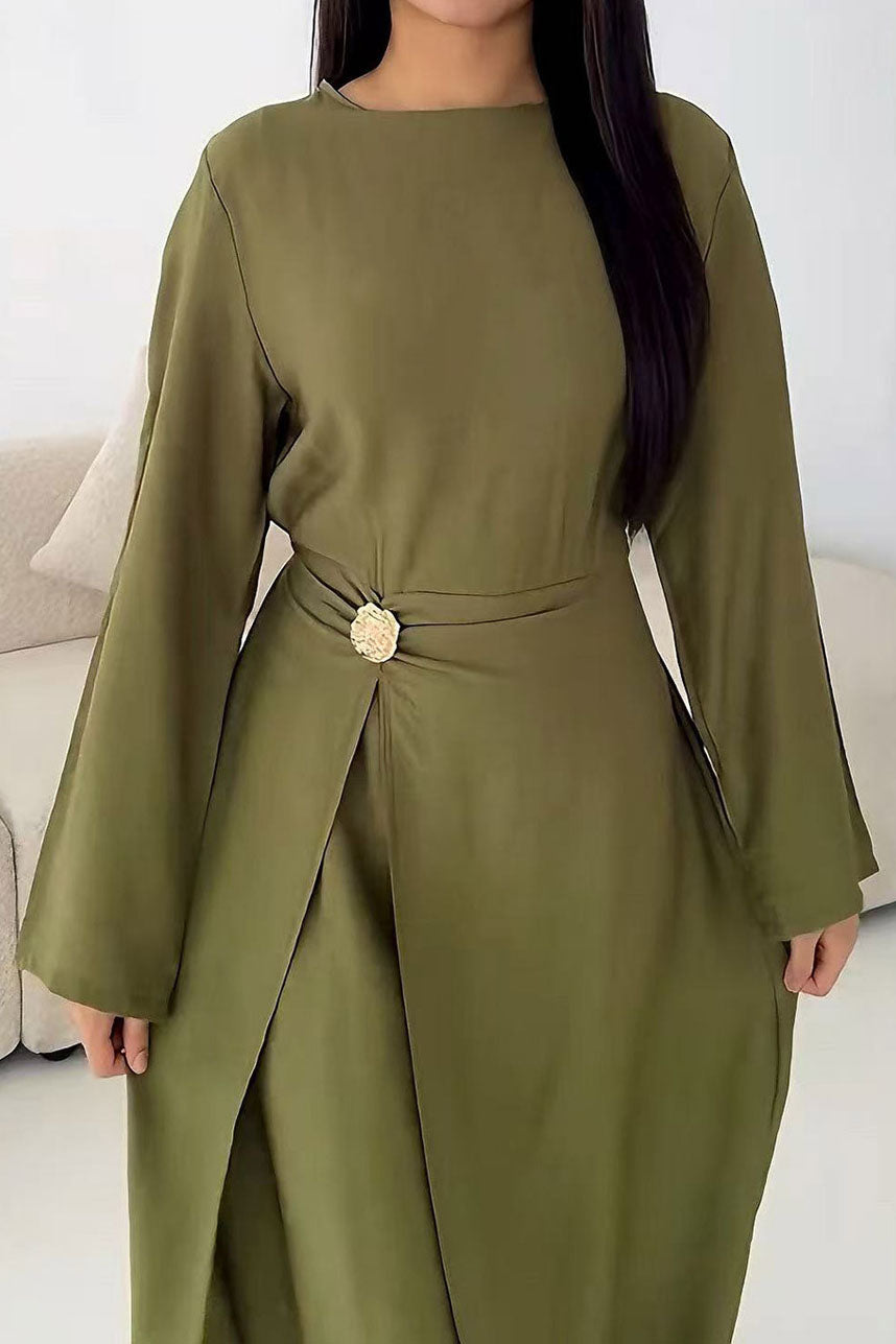 Velora Elegant Ruched Maxi Dress Abaya 1077 – Dark Green