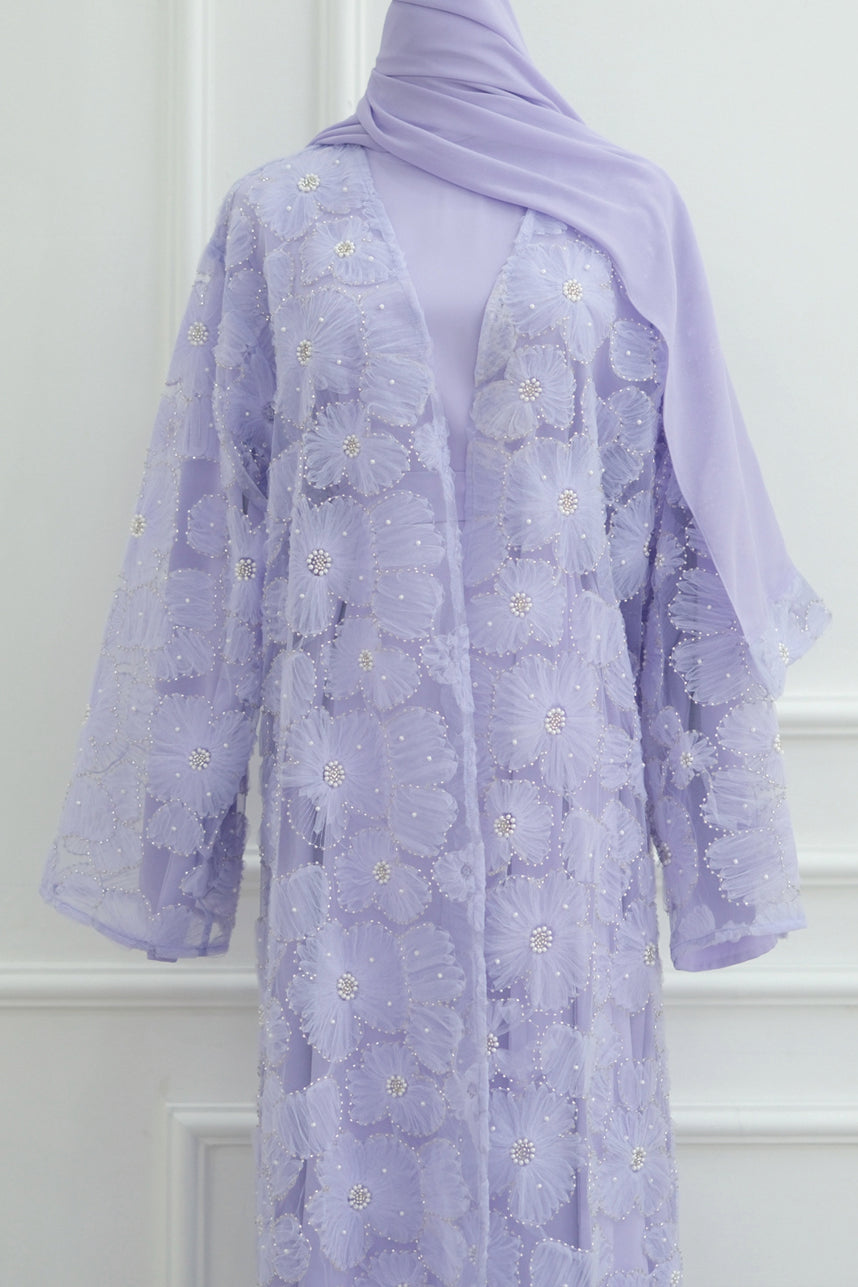 Auralis 3D Floral Beaded Mesh Open Abaya 1069 – Light Purple