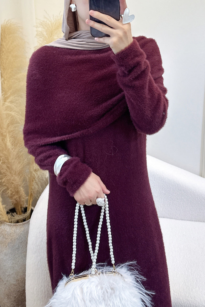 Estara Soft Fleece Draped Shoulder Dress Set 1085 - Burgundy