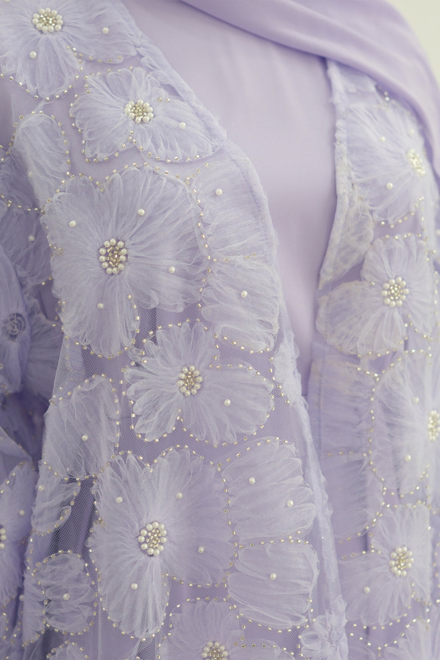 Auralis 3D Floral Beaded Mesh Open Abaya 1069 – Light Purple