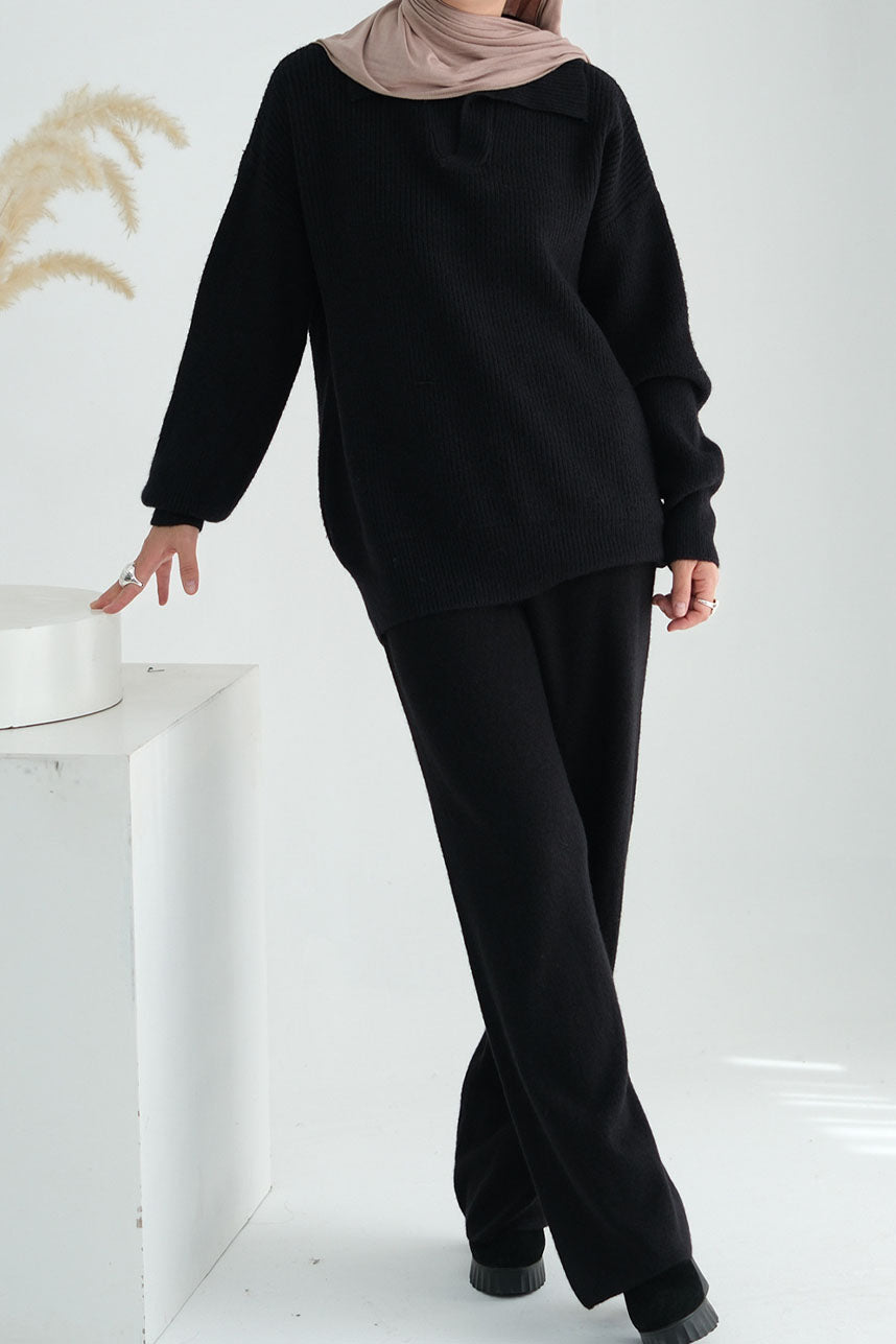 Monara Collared Thick-Knit Two-Piece Modest Set 008 – Black