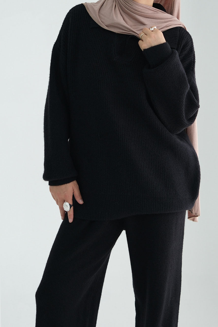 Monara Collared Thick-Knit Two-Piece Modest Set 008 – Black