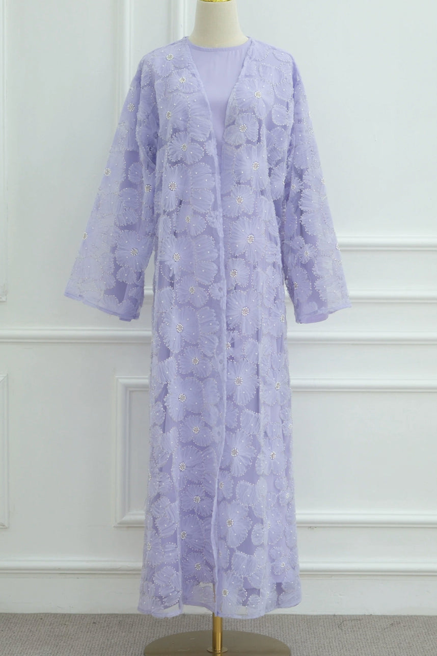 Auralis 3D Floral Beaded Mesh Open Abaya 1069 – Light Purple