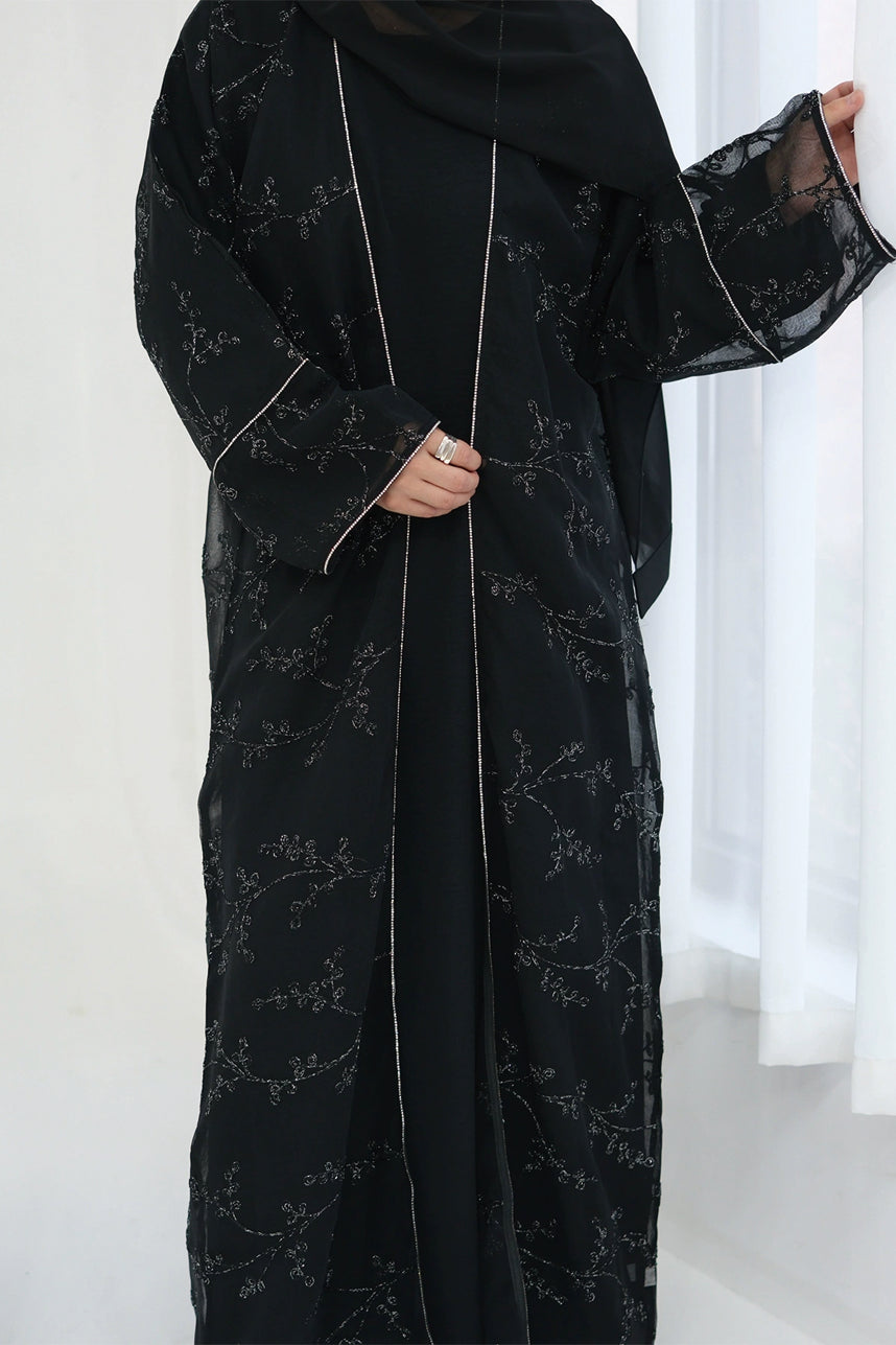 Meadowe Full Embroidered Mesh Open Abaya 1075 – Black