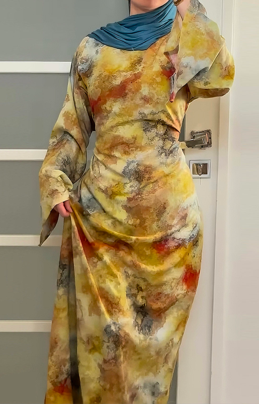 Ellora Printed Tie-Back Abaya Dress 1083 – Yellow