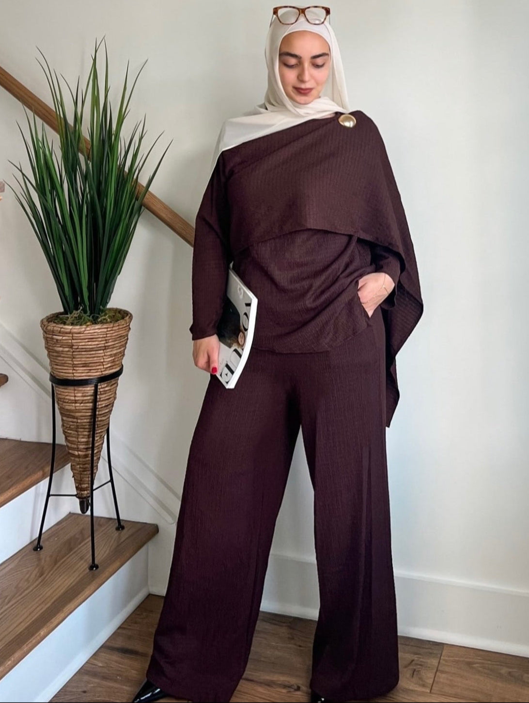 Samar 2-Piece Modest Matching Top + Pants Set 1034 - Coffee