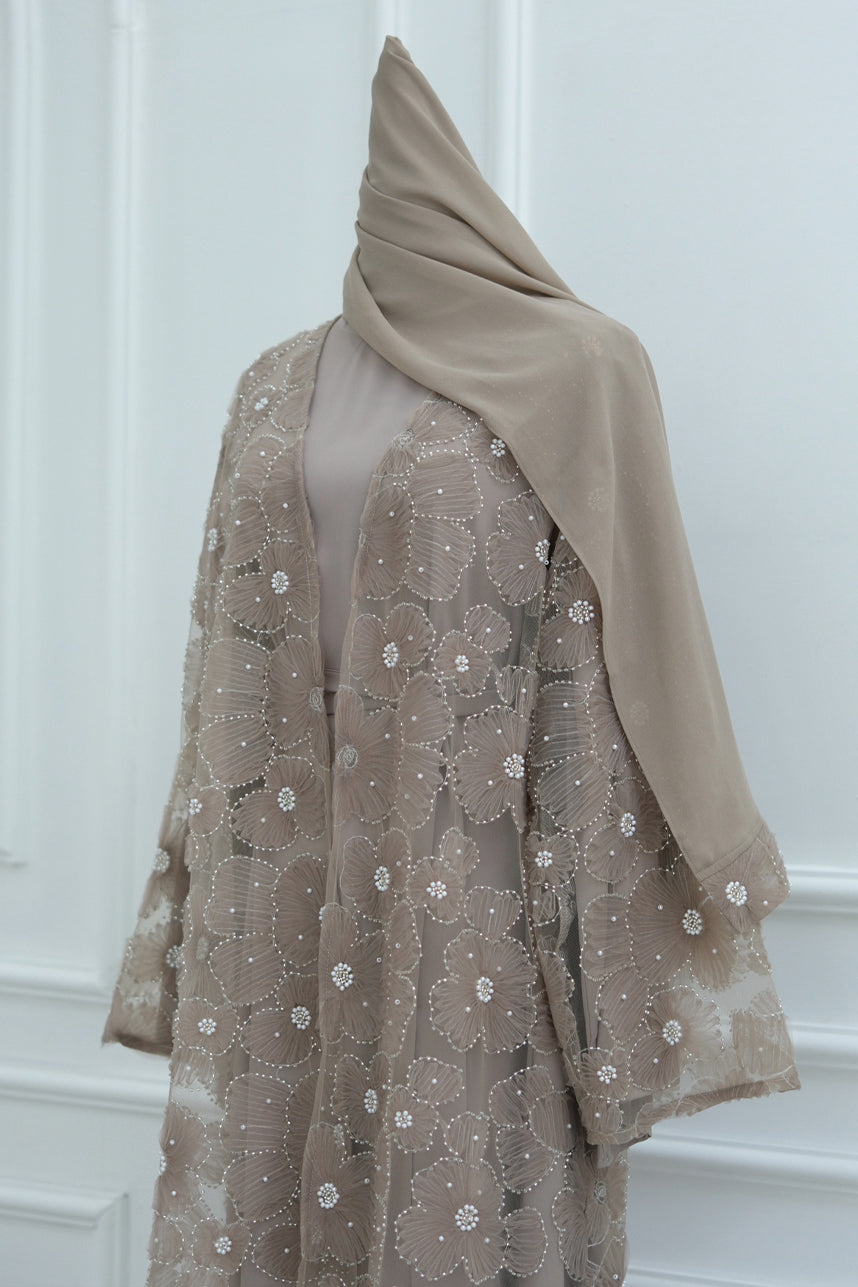 Auralis 3D Floral Beaded Mesh Open Abaya 1069 – Taupe