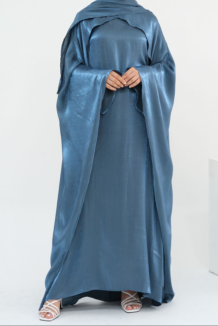 Solenne Pearl-Sheen Elegant Two-Piece Abaya 1028 – Steel Blue