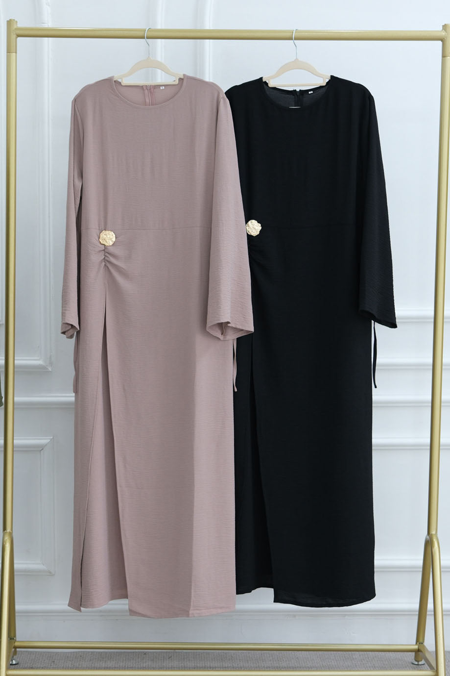 Velora Elegant Ruched Maxi Dress Abaya 1077 – Black