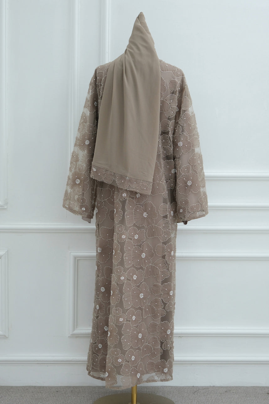 Auralis 3D Floral Beaded Mesh Open Abaya 1069 – Taupe