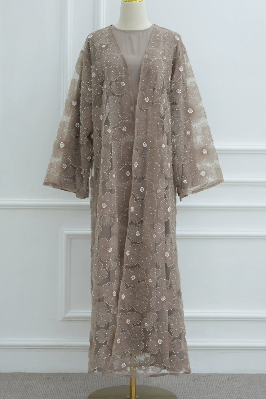 Auralis 3D Floral Beaded Mesh Open Abaya 1069 – Taupe