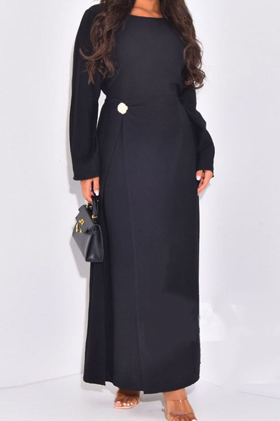 Velora Elegant Ruched Maxi Dress Abaya 1077 – Black