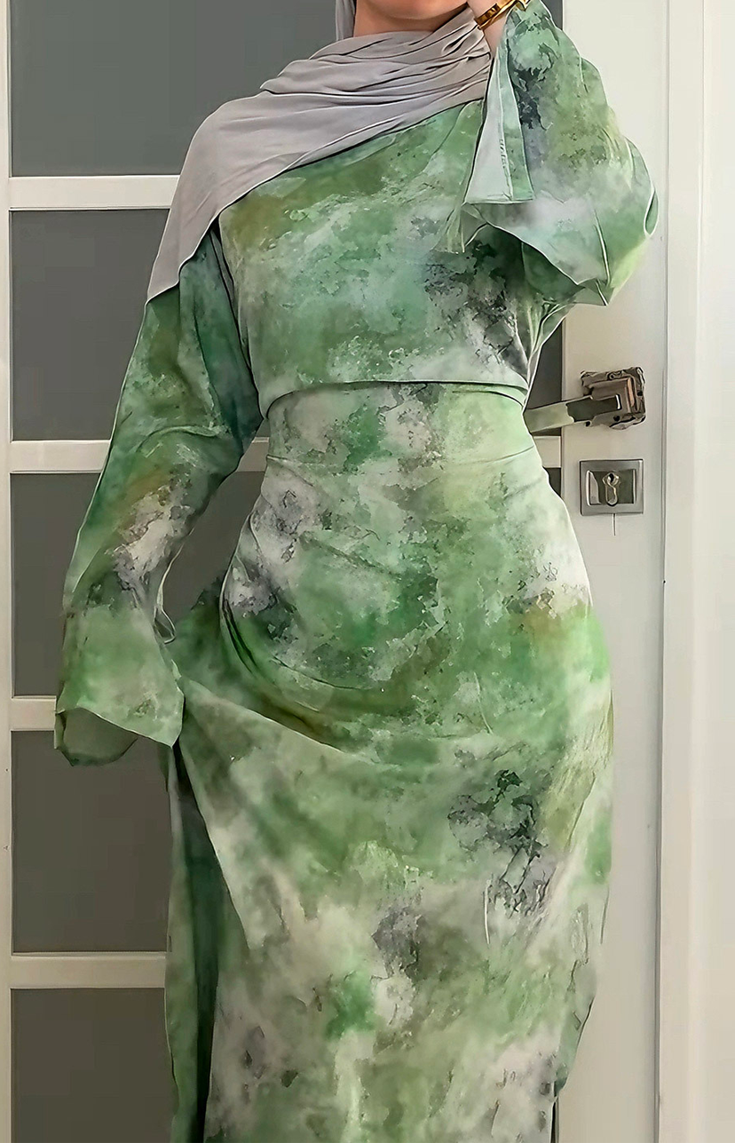Ellora Printed Tie-Back Abaya Dress 1083 –  Green