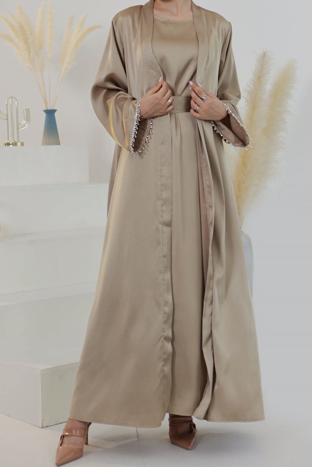 LR627+LR635 High Quality Abaya Kimono Set Crystal Style Abaya Women Muslim Dress 2pcs Set Abayas-Khaki - Meliza