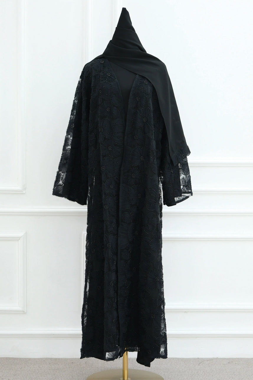 Auralis 3D Floral Beaded Mesh Open Abaya 1069 – Black