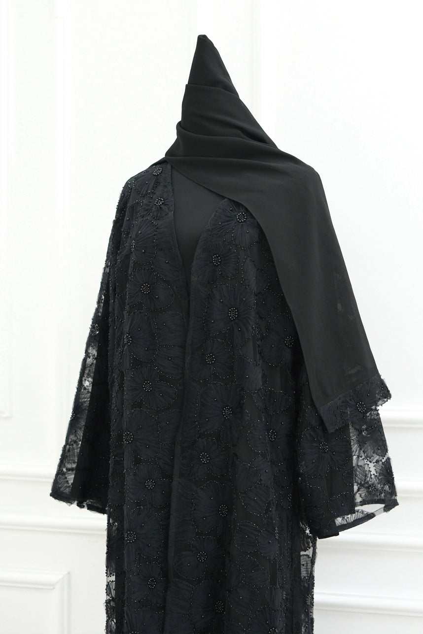 Auralis 3D Floral Beaded Mesh Open Abaya 1069 – Black