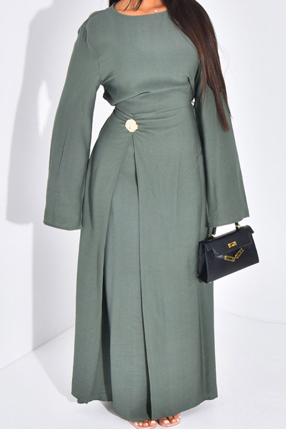Velora Elegant Ruched Maxi Dress Abaya 1077 – Slate Green