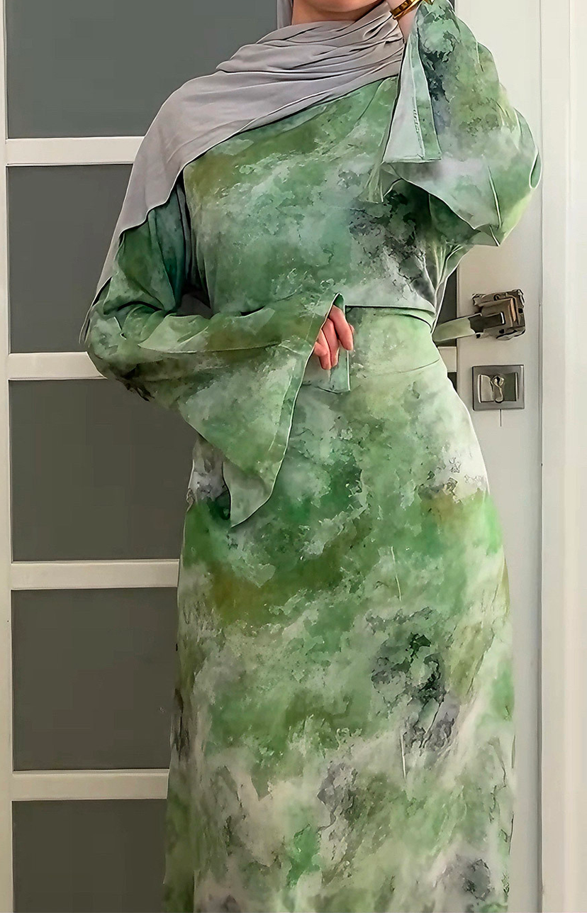 Ellora Printed Tie-Back Abaya Dress 1083 –  Green