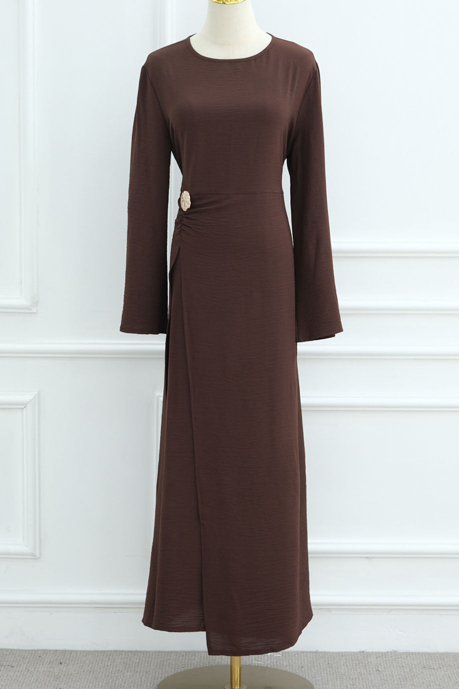 Velora Elegant Ruched Maxi Dress Abaya 1077 – Deep Coffee