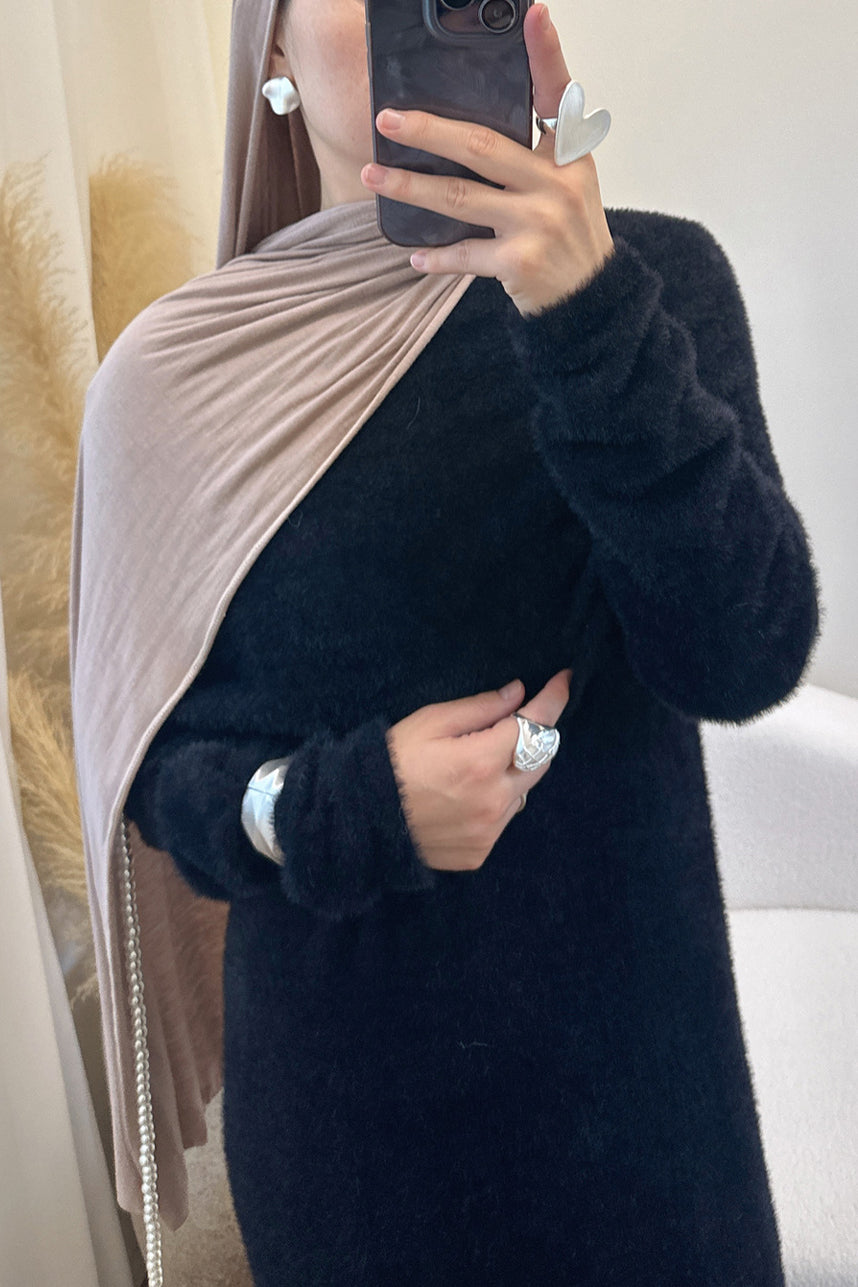 Estara Soft Fleece Draped Shoulder Dress Set 1085 - Black