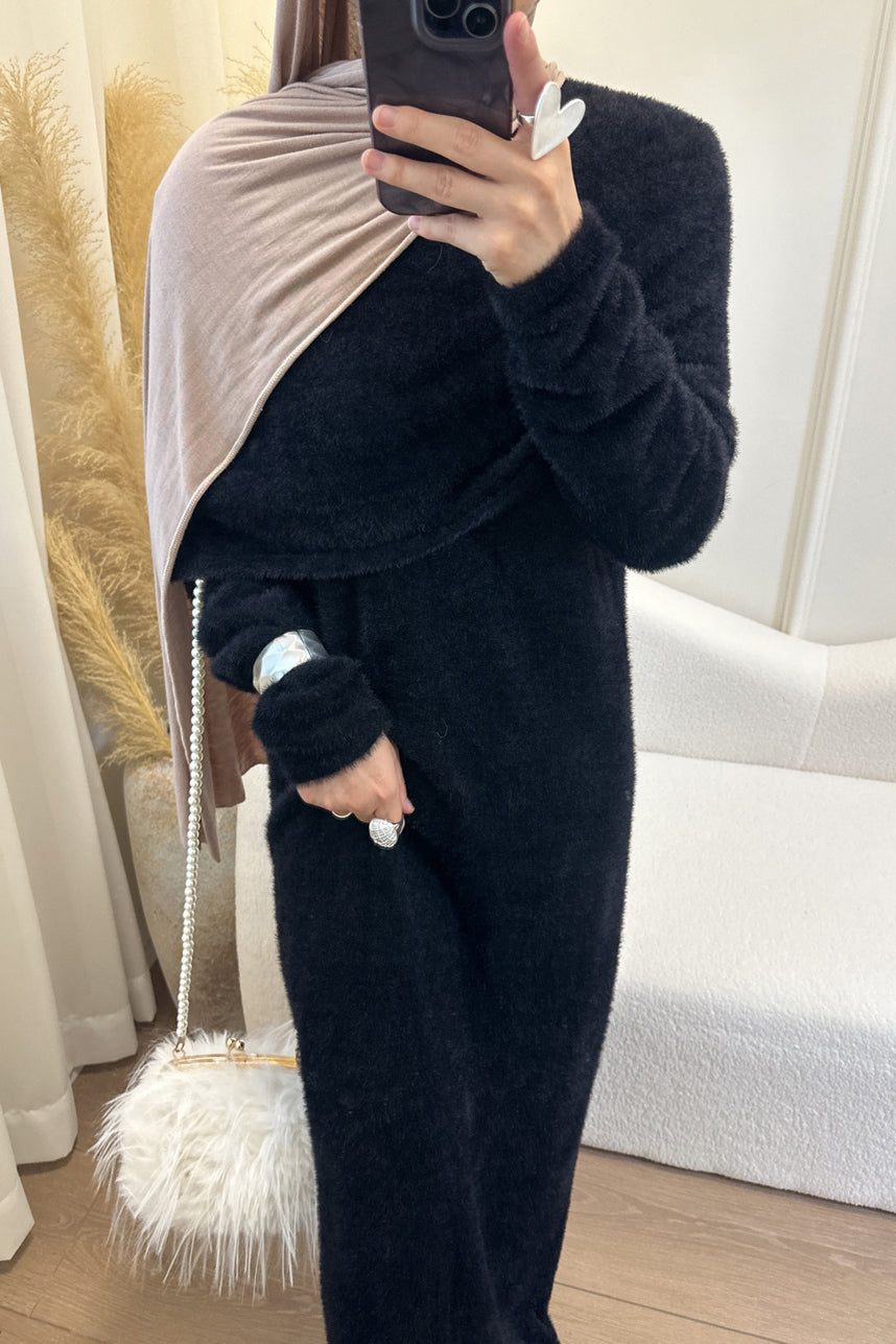 Estara Soft Fleece Draped Shoulder Dress Set 1085 - Black