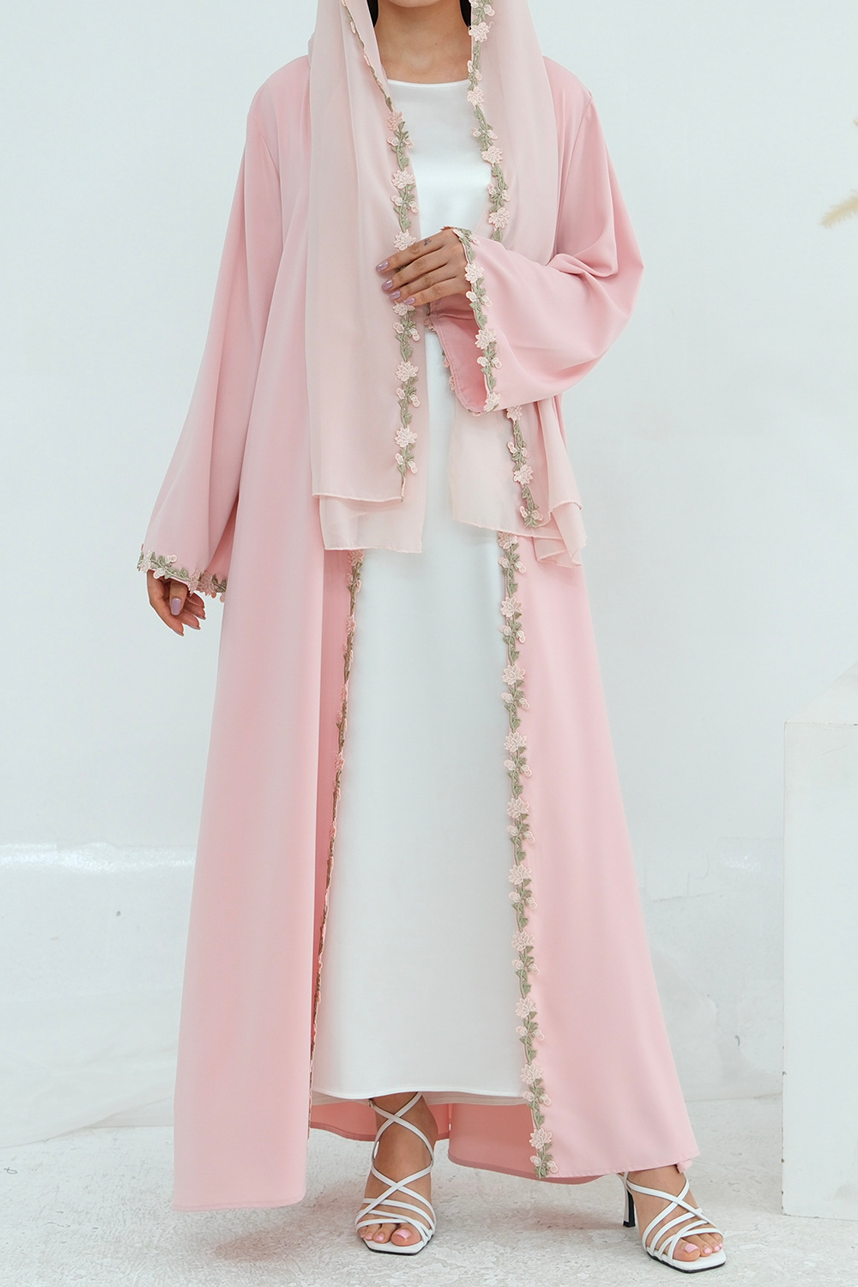 Meadowlace Open Abaya & Hijab Set 1047 – Blush Pink