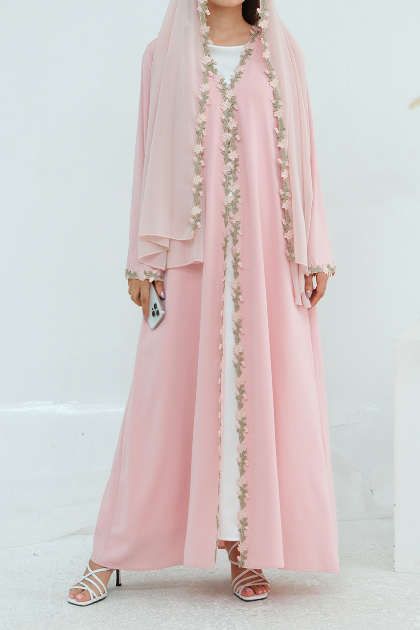 Meadowlace Open Abaya & Hijab Set 1047 – Blush Pink