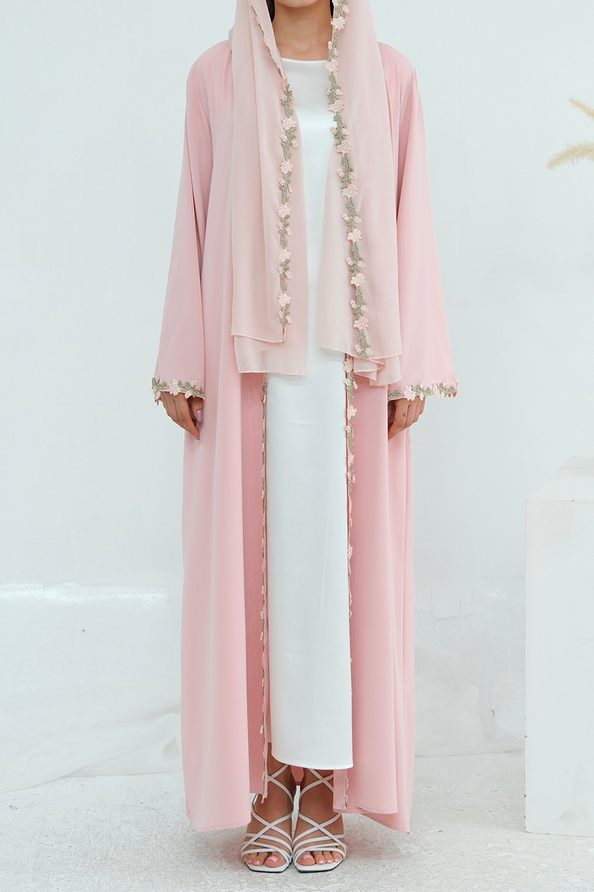 Meadowlace Open Abaya & Hijab Set 1047 – Blush Pink