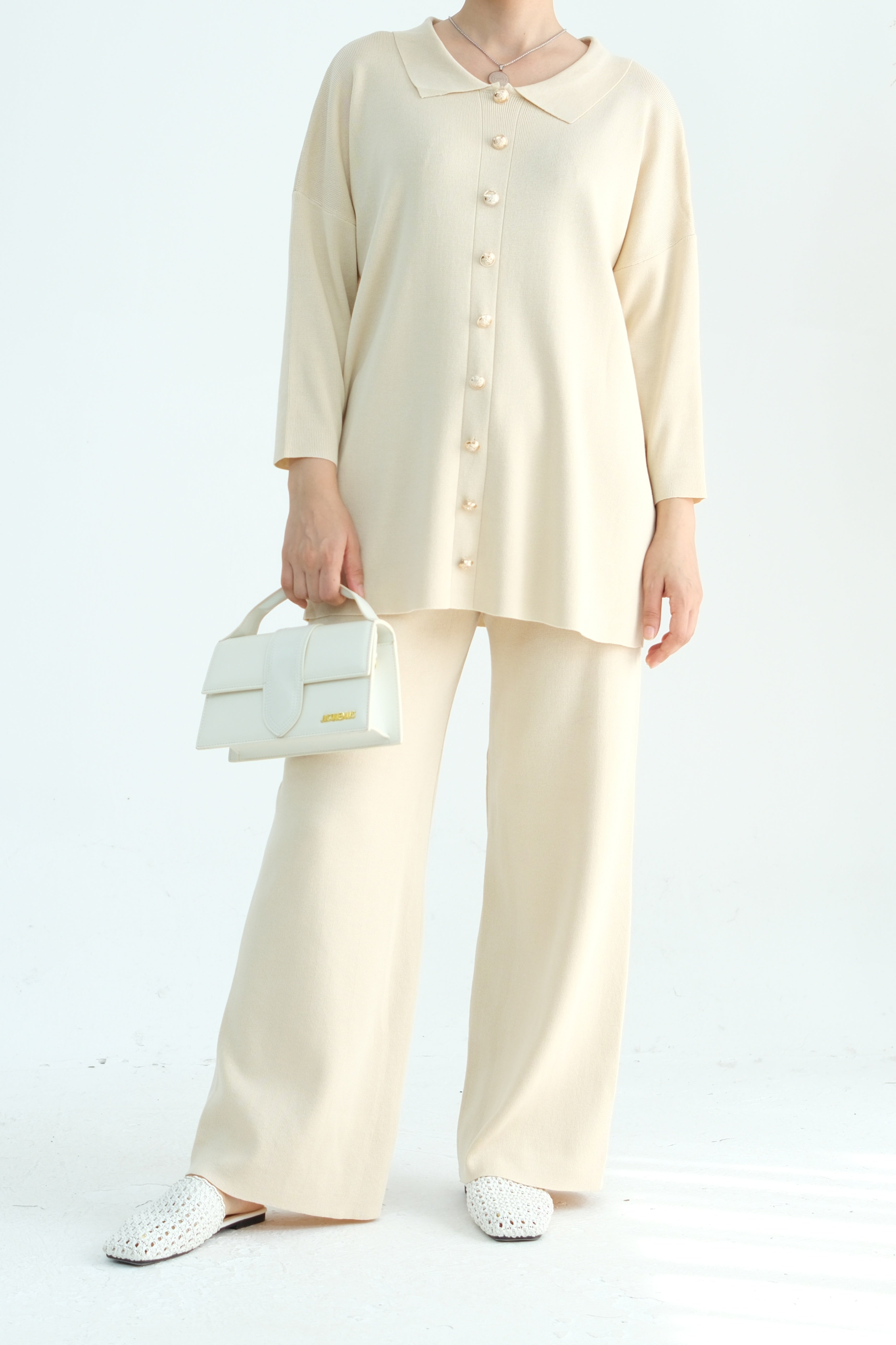 Inas Minimalist Buttoned Abaya Top and Pants Set 869- Beige